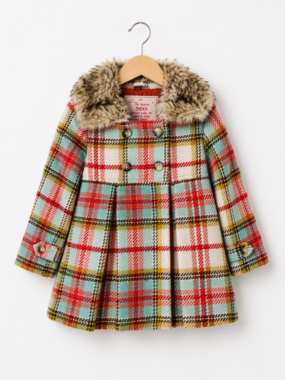 Retro Mexx Girls Vibrant Colorful Plaid Pea Coat Dress Coat Faux Fur Unique